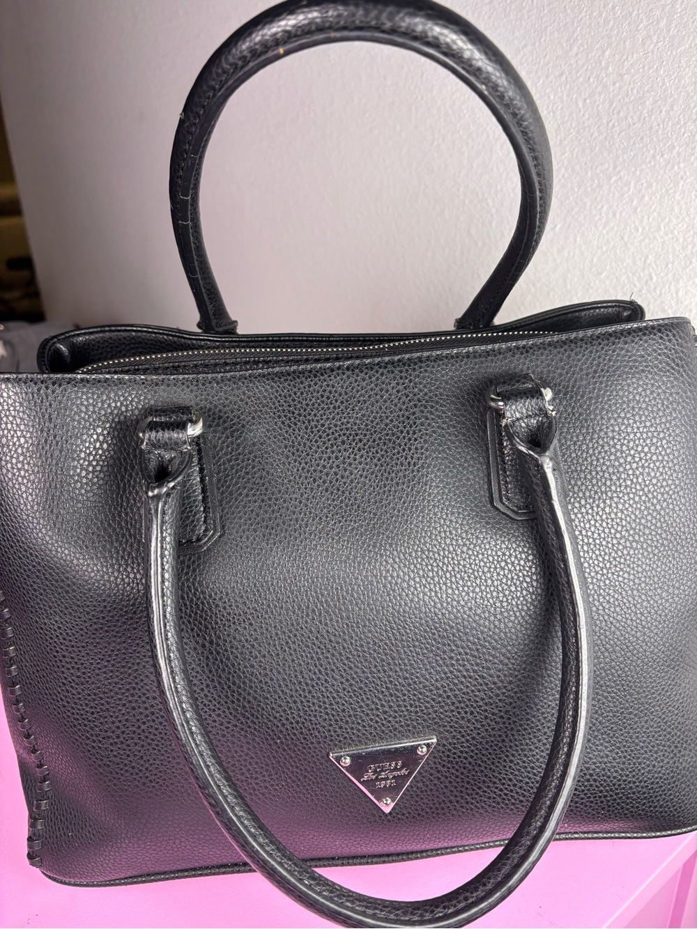 GUESS Black Pebbled Leather Tote with Silver Hardware - Picture 6 of 14